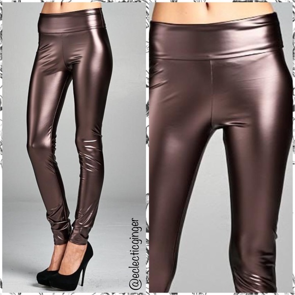 BRONZE brown high waist faux leather leggings S M - Picture 4 of 4